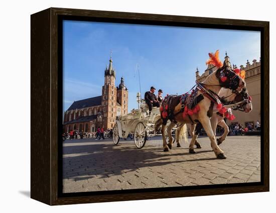 Horse Carriage with St. Mary Basilica in the background, Main Market Square, Cracow, Lesser Poland-Karol Kozlowski-Framed Premier Image Canvas