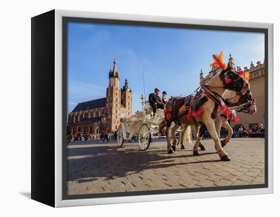 Horse Carriage with St. Mary Basilica in the background, Main Market Square, Cracow, Lesser Poland-Karol Kozlowski-Framed Premier Image Canvas