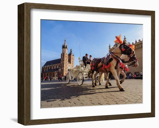 Horse Carriage with St. Mary Basilica in the background, Main Market Square, Cracow, Lesser Poland-Karol Kozlowski-Framed Photographic Print