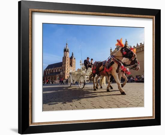 Horse Carriage with St. Mary Basilica in the background, Main Market Square, Cracow, Lesser Poland-Karol Kozlowski-Framed Photographic Print