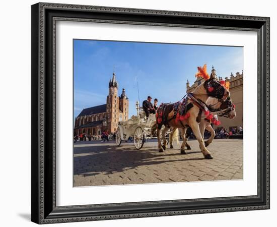 Horse Carriage with St. Mary Basilica in the background, Main Market Square, Cracow, Lesser Poland-Karol Kozlowski-Framed Photographic Print