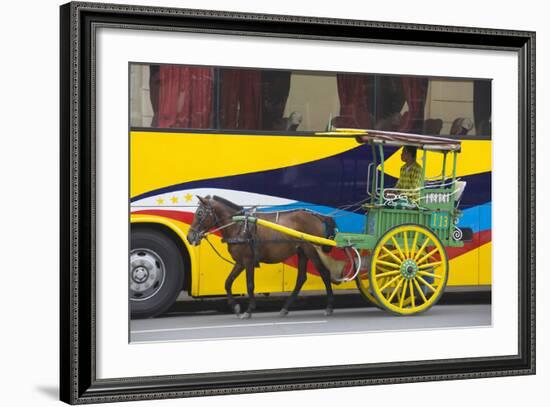 Horse Cart Walk by Colorfully Painted Bus, Manila, Philippines-Keren Su-Framed Photographic Print