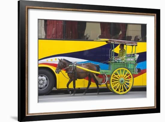 Horse Cart Walk by Colorfully Painted Bus, Manila, Philippines-Keren Su-Framed Photographic Print