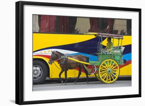 Horse Cart Walk by Colorfully Painted Bus, Manila, Philippines-Keren Su-Framed Photographic Print