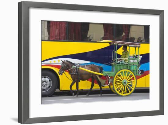 Horse Cart Walk by Colorfully Painted Bus, Manila, Philippines-Keren Su-Framed Photographic Print