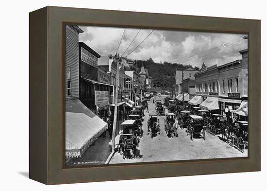 Horse-Drawn Carriages and Storefronts on Mackinac Island-null-Framed Premier Image Canvas