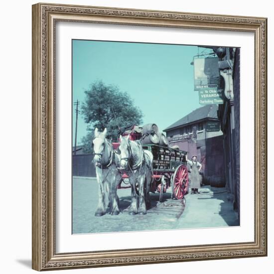 Horse-Drawn Wagon Filled with Beer Barrels at a Bar Along the Thames-William Sumits-Framed Photographic Print