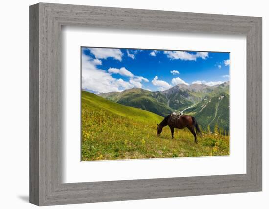 Horse grazing with Khaldechala River Valley and Caucasian mountains in background-Jan Miracky-Framed Photographic Print