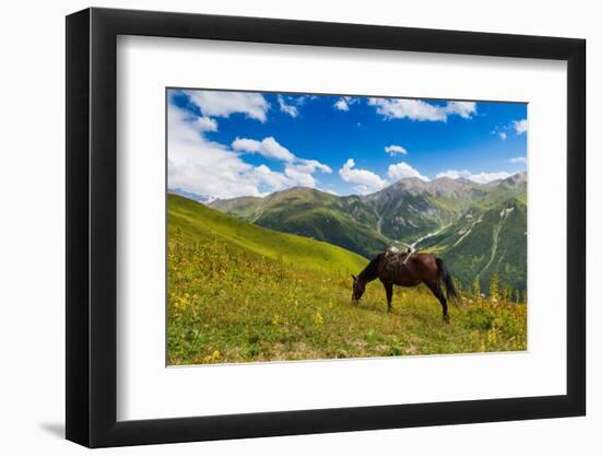 Horse grazing with Khaldechala River Valley and Caucasian mountains in background-Jan Miracky-Framed Photographic Print