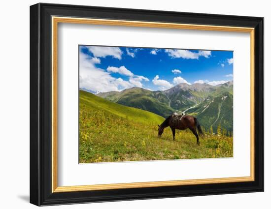 Horse grazing with Khaldechala River Valley and Caucasian mountains in background-Jan Miracky-Framed Photographic Print