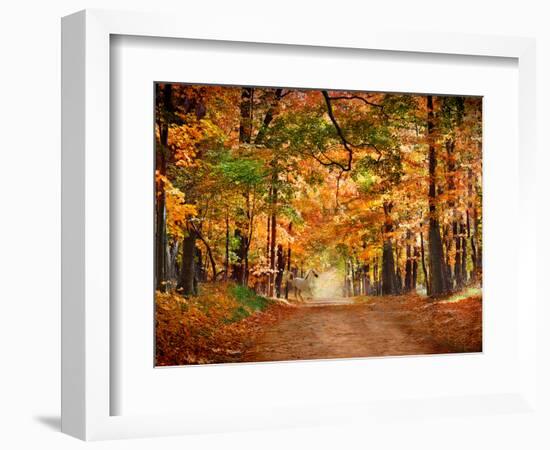 Horse Running across Road in Fall Colors-null-Framed Photographic Print