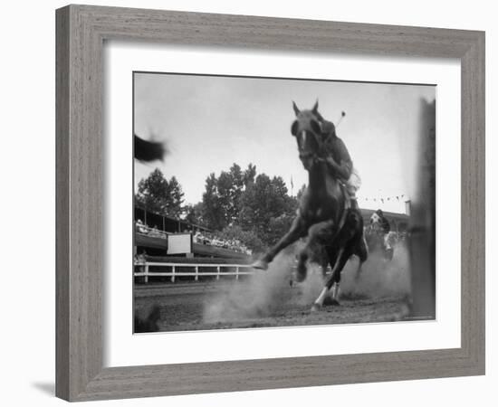 Horse Twisting Its Body as It Hits Turn During Race at Cumberland-Hank Walker-Framed Photographic Print