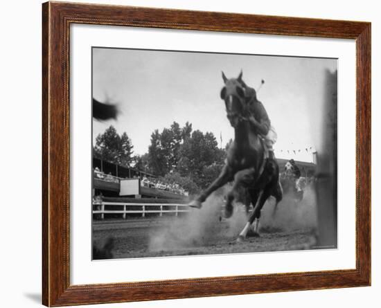 Horse Twisting Its Body as It Hits Turn During Race at Cumberland-Hank Walker-Framed Photographic Print