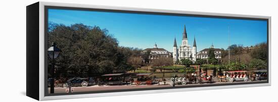 Horsedrawn Carriages on the Road with St. Louis Cathedral in the Background, Jackson Square-null-Framed Premier Image Canvas