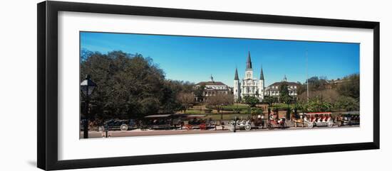 Horsedrawn Carriages on the Road with St. Louis Cathedral in the Background, Jackson Square-null-Framed Photographic Print