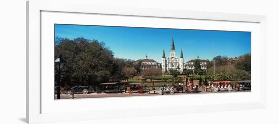 Horsedrawn Carriages on the Road with St. Louis Cathedral in the Background, Jackson Square-null-Framed Photographic Print