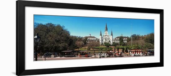 Horsedrawn Carriages on the Road with St. Louis Cathedral in the Background, Jackson Square-null-Framed Photographic Print