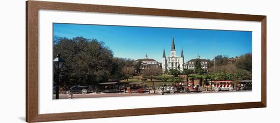 Horsedrawn Carriages on the Road with St. Louis Cathedral in the Background, Jackson Square-null-Framed Photographic Print