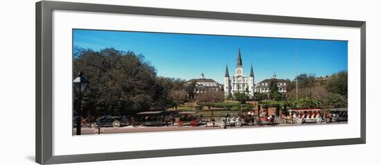 Horsedrawn Carriages on the Road with St. Louis Cathedral in the Background, Jackson Square-null-Framed Photographic Print