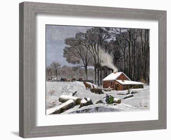 Horsedrawn Sleds Hauling Sap in a Maple Sugar Camp 1800-null-Framed Giclee Print