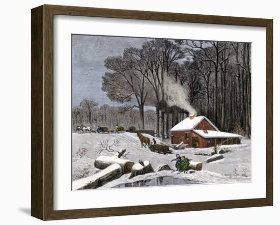 Horsedrawn Sleds Hauling Sap in a Maple Sugar Camp 1800-null-Framed Giclee Print