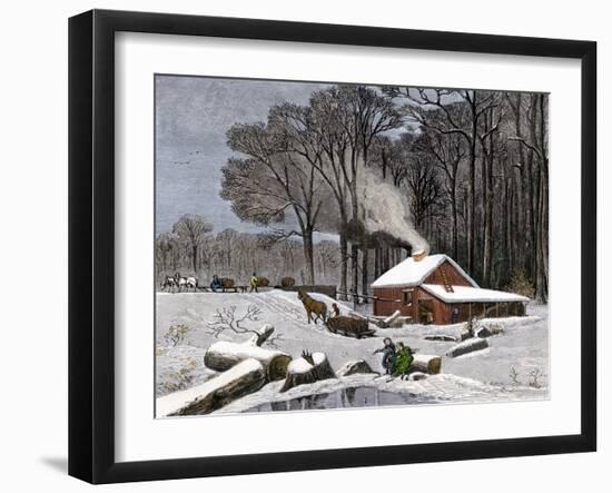 Horsedrawn Sleds Hauling Sap in a Maple Sugar Camp 1800-null-Framed Giclee Print