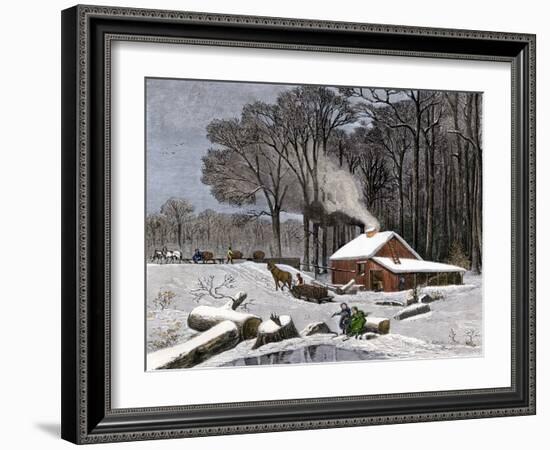 Horsedrawn Sleds Hauling Sap in a Maple Sugar Camp 1800-null-Framed Giclee Print