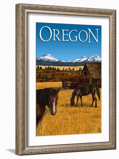 Horses and Mountain - Oregon-Lantern Press-Framed Art Print