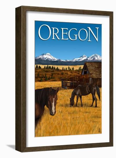 Horses and Mountain - Oregon-Lantern Press-Framed Art Print