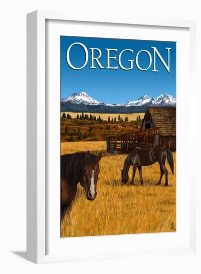 Horses and Mountain - Oregon-Lantern Press-Framed Art Print