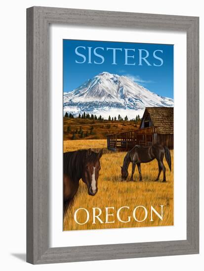 Horses and Mountain - Sisters, Oregon-Lantern Press-Framed Art Print