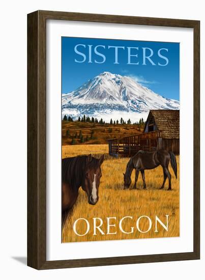 Horses and Mountain - Sisters, Oregon-Lantern Press-Framed Art Print