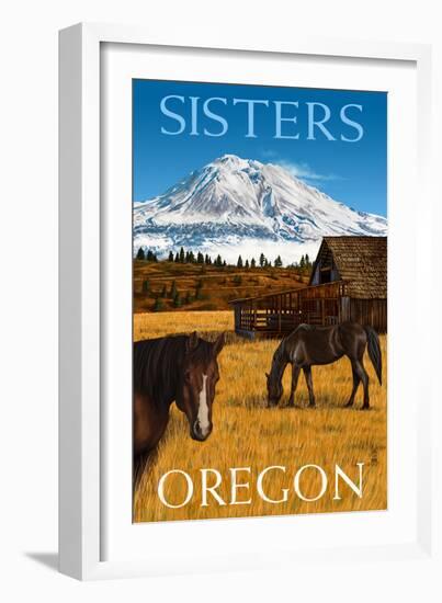 Horses and Mountain - Sisters, Oregon-Lantern Press-Framed Art Print