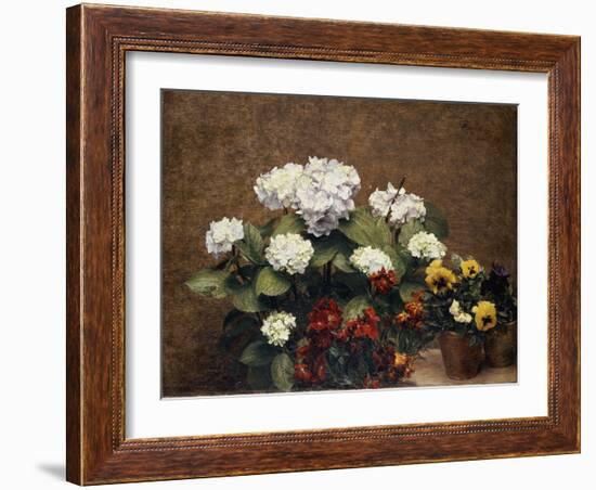 Hortensias and Stocks with Two Pots of Pansies, 1879-Henri Fantin-Latour-Framed Giclee Print