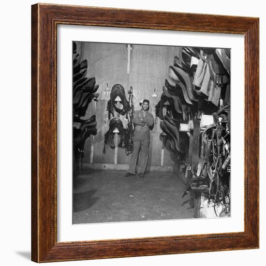 Hostler Henry Gibbs, Frowning Because of the Empty Saddles at the Old Stable-null-Framed Photographic Print