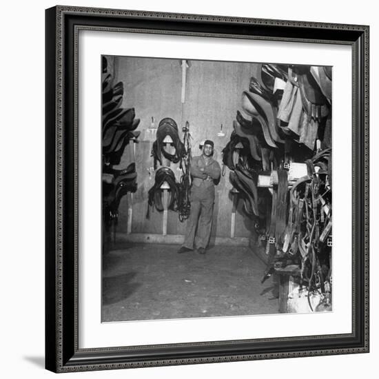 Hostler Henry Gibbs, Frowning Because of the Empty Saddles at the Old Stable-null-Framed Photographic Print