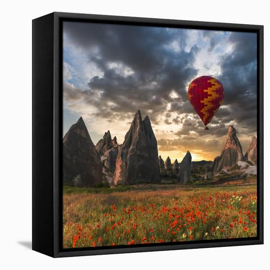 Hot Air Balloon Flying over Red Poppies Field Cappadocia Region, Turkey-Tetyana Kochneva-Framed Premier Image Canvas