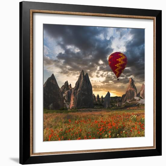 Hot Air Balloon Flying over Red Poppies Field Cappadocia Region, Turkey-Tetyana Kochneva-Framed Photographic Print