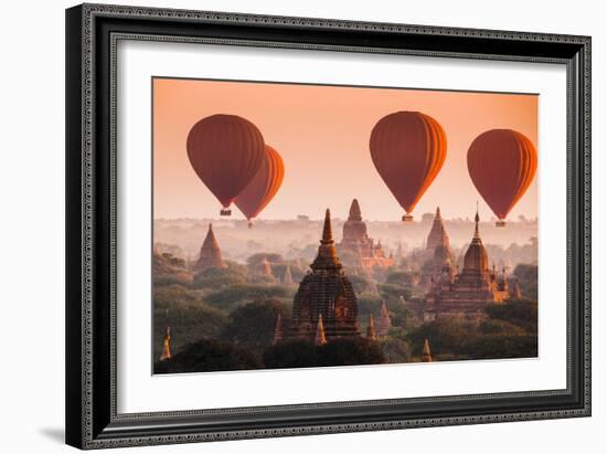 Hot Air Balloon over Plain of Bagan in Misty Morning, Myanmar-lkunl-Framed Photographic Print