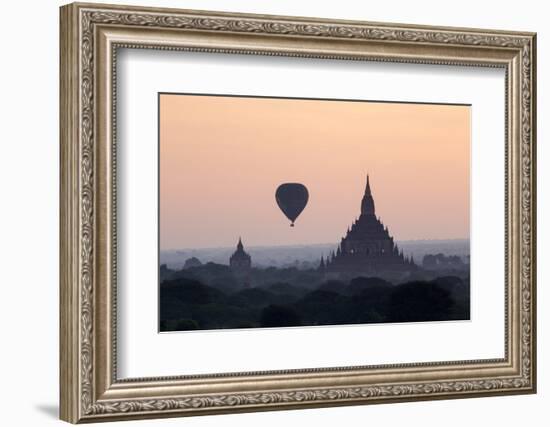 Hot Air Balloon over Temples on a Misty Morning at Dawn, Bagan (Pagan), Myanmar (Burma)-Stephen Studd-Framed Photographic Print