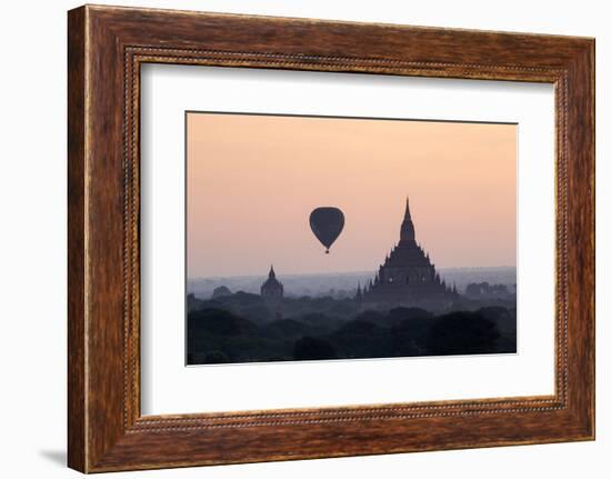 Hot Air Balloon over Temples on a Misty Morning at Dawn, Bagan (Pagan), Myanmar (Burma)-Stephen Studd-Framed Photographic Print