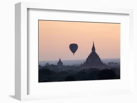 Hot Air Balloon over Temples on a Misty Morning at Dawn, Bagan (Pagan), Myanmar (Burma)-Stephen Studd-Framed Photographic Print