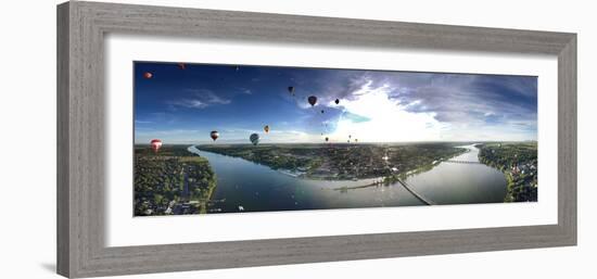 Hot Air Balloons Flying over a River, Saint-Jean-Sur-Richelieu, Quebec, Canada-null-Framed Photographic Print