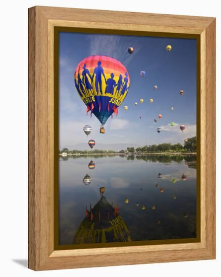 Hot Air Balloons Reflected in Prospect Lake, Colorado Springs, Colorado, USA-Don Grall-Framed Premier Image Canvas