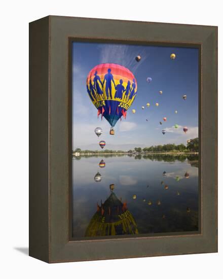 Hot Air Balloons Reflected in Prospect Lake, Colorado Springs, Colorado, USA-Don Grall-Framed Premier Image Canvas