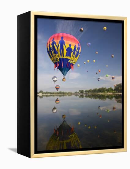 Hot Air Balloons Reflected in Prospect Lake, Colorado Springs, Colorado, USA-Don Grall-Framed Premier Image Canvas