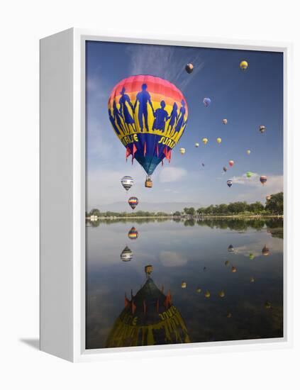Hot Air Balloons Reflected in Prospect Lake, Colorado Springs, Colorado, USA-Don Grall-Framed Premier Image Canvas
