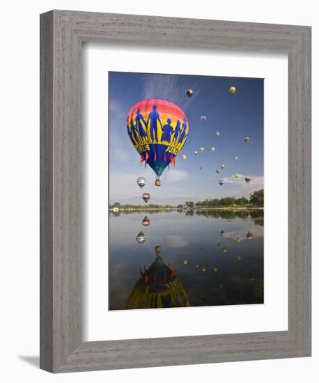 Hot Air Balloons Reflected in Prospect Lake, Colorado Springs, Colorado, USA-Don Grall-Framed Photographic Print