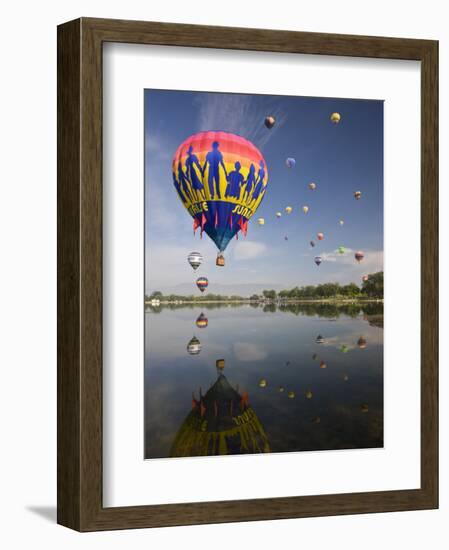 Hot Air Balloons Reflected in Prospect Lake, Colorado Springs, Colorado, USA-Don Grall-Framed Photographic Print