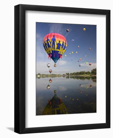 Hot Air Balloons Reflected in Prospect Lake, Colorado Springs, Colorado, USA-Don Grall-Framed Photographic Print